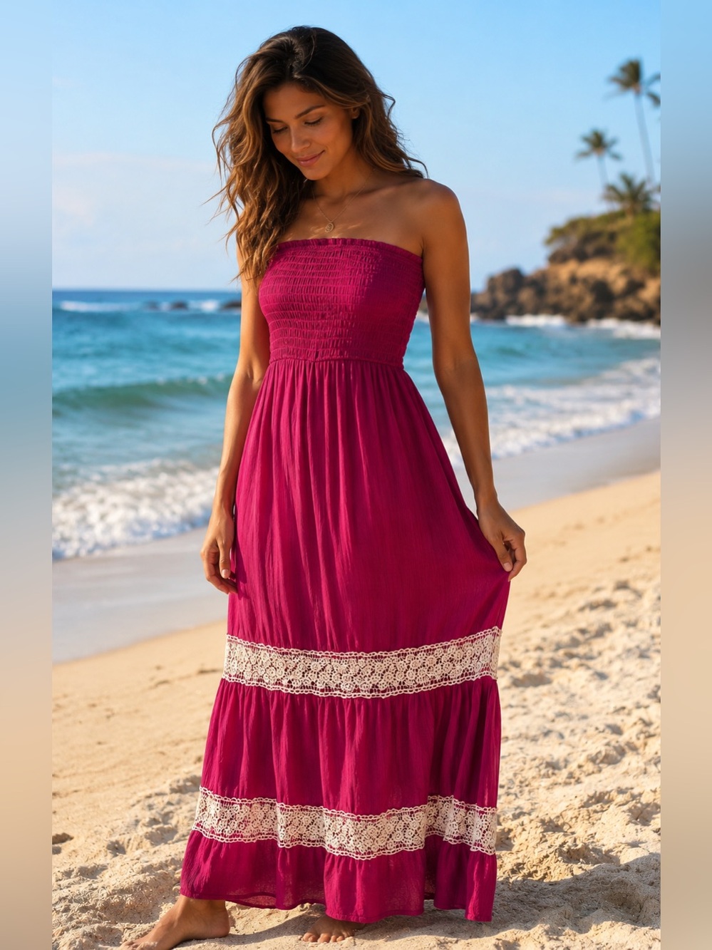 Sun n Moon Strapless Magenta Maxi Dress with Cream Lace